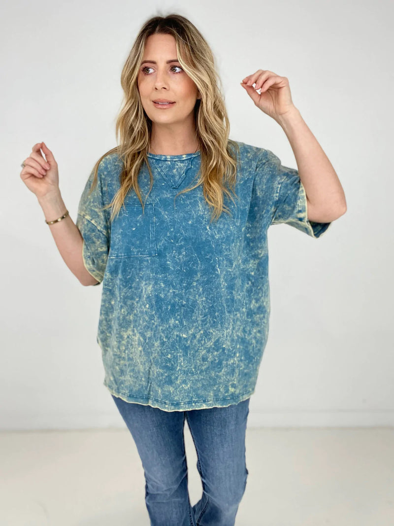 Teal Zenana Acid Wash Front Pocket Raw Edge Top