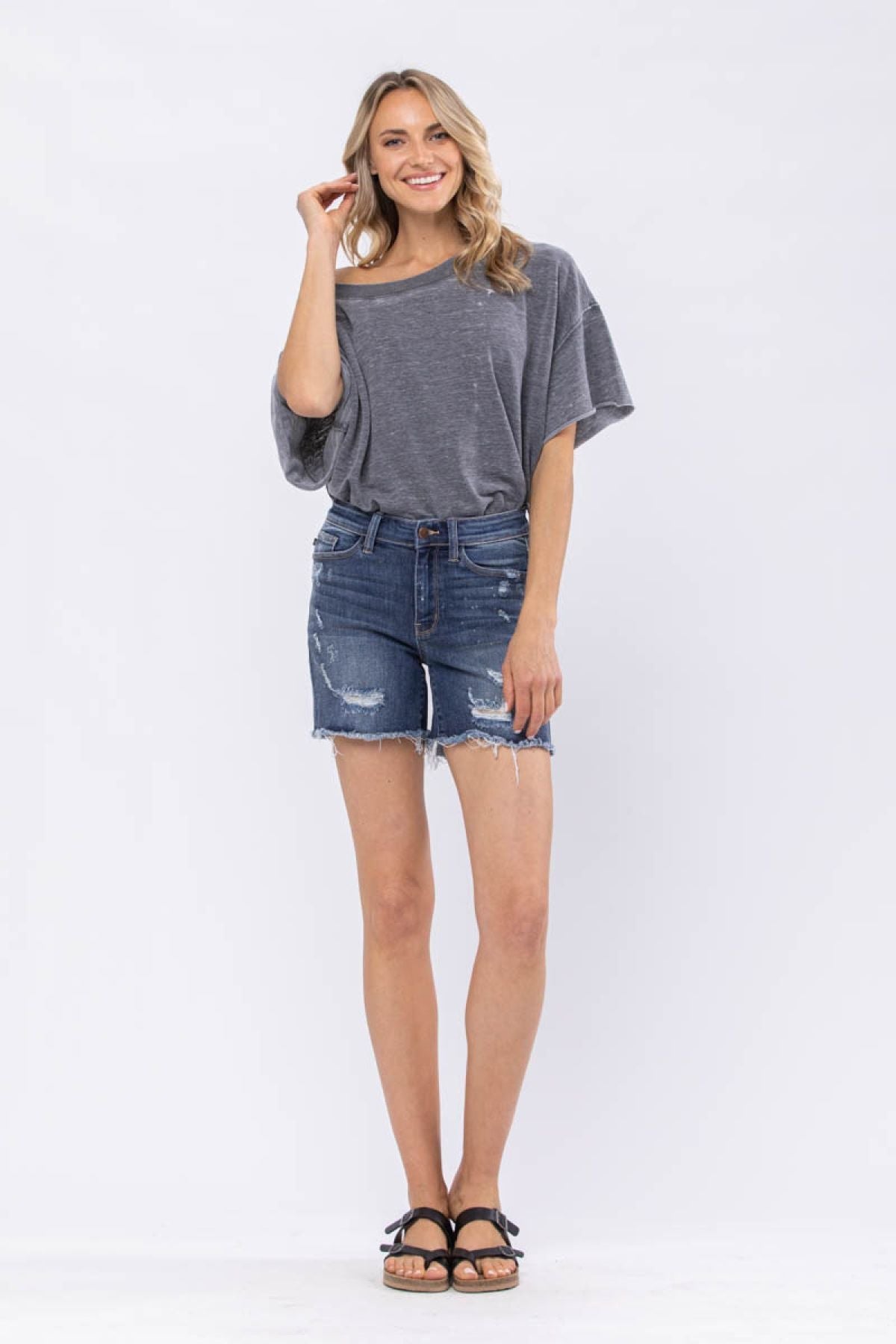 Judy Blue Mid-Rise Bleach Splash Destroyed Raw Hem Denim Shorts