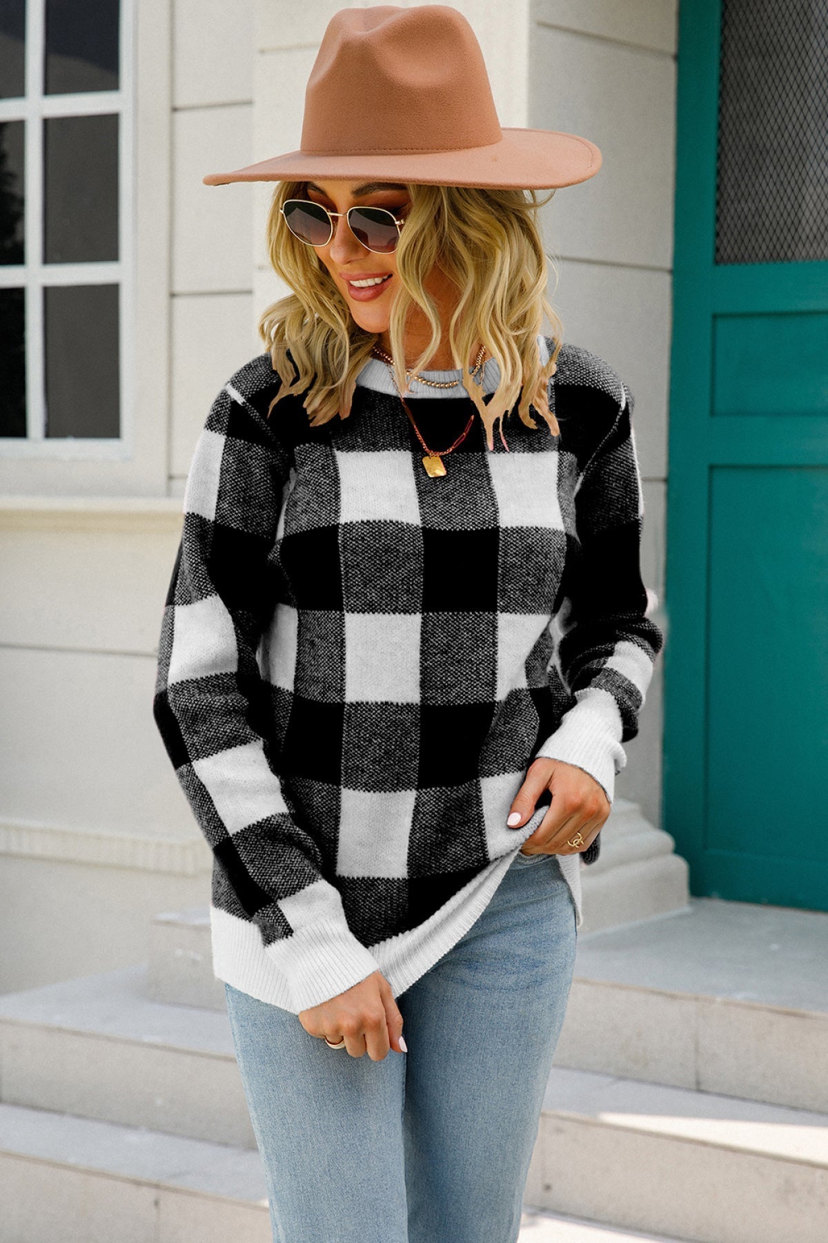 Crew Neck Long Sleeve Plaid Knit Sweater