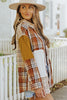 Orange Plaid Color Block Patchwork Shirt Jacket With Pocket