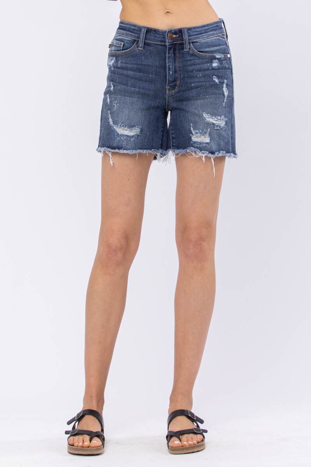 Judy Blue Mid-Rise Bleach Splash Destroyed Raw Hem Denim Shorts