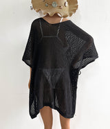 Solid Crochet Dolman Sleeve Tie Side Bikini Cover Up