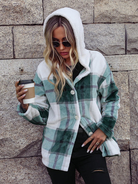 Fuzzy Hooded Plaid Fleece Jacket