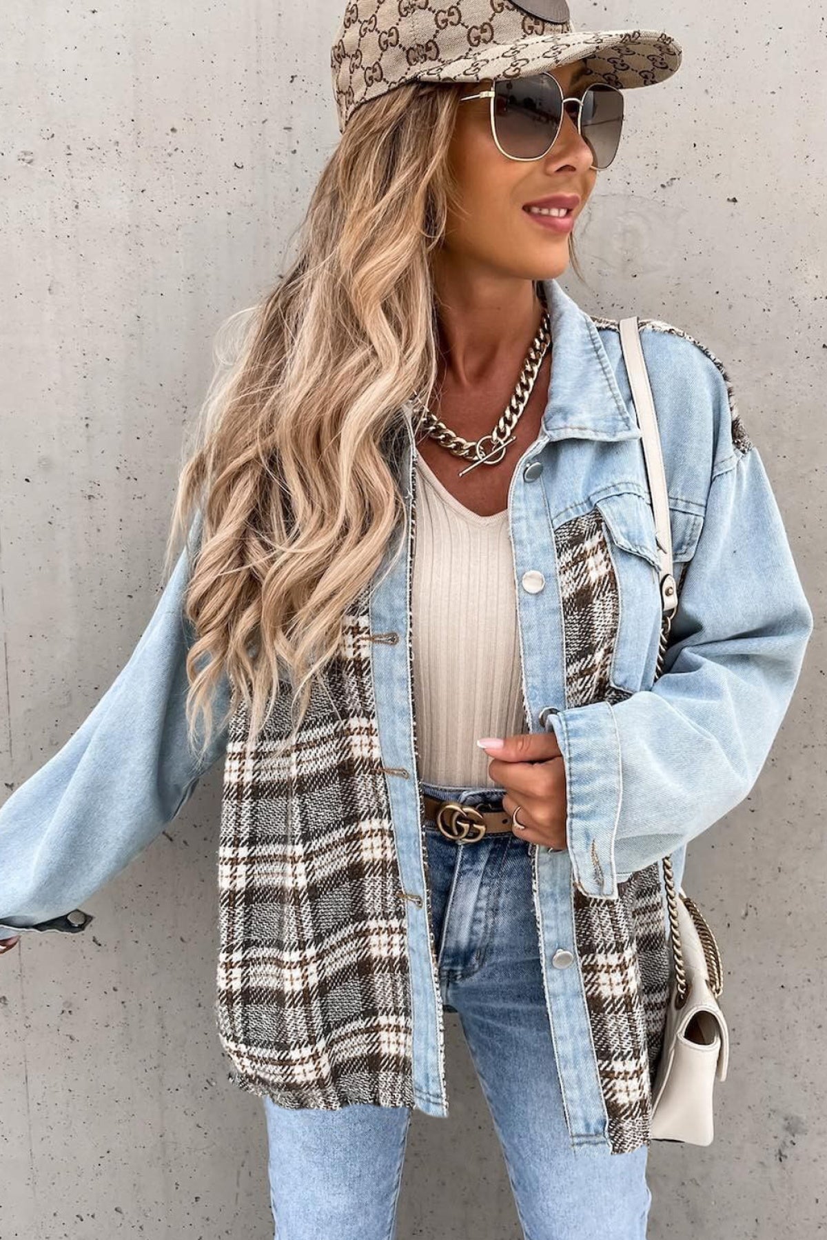 Sky Blue Plaid Patchwork Raw Hem Denim Jacket