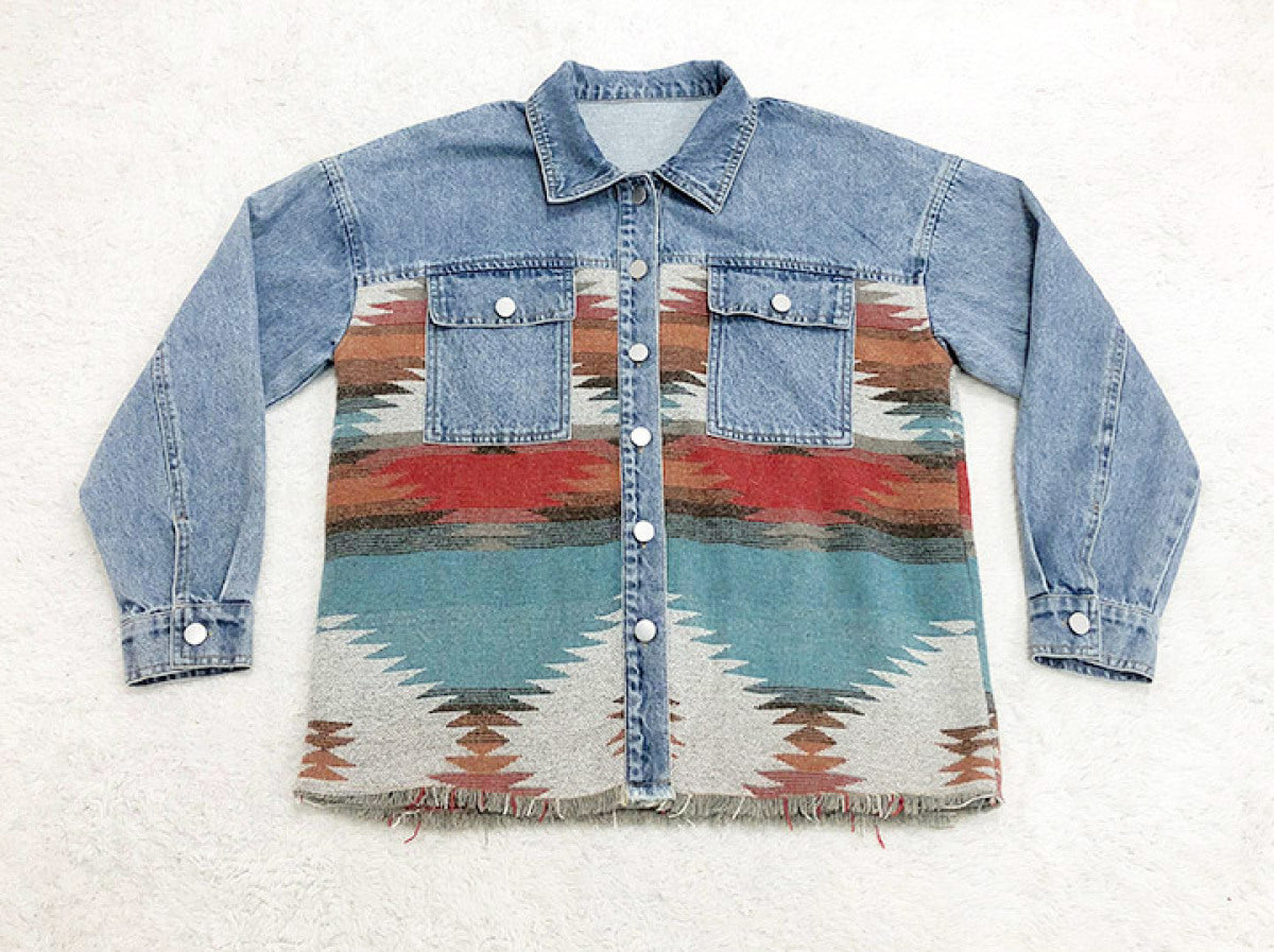 Retro Long Sleeve Colorblock With Pocket Denim Jackets