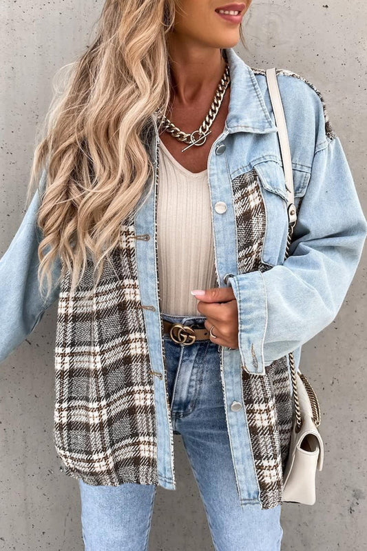 Sky Blue Plaid Patchwork Raw Hem Denim Jacket