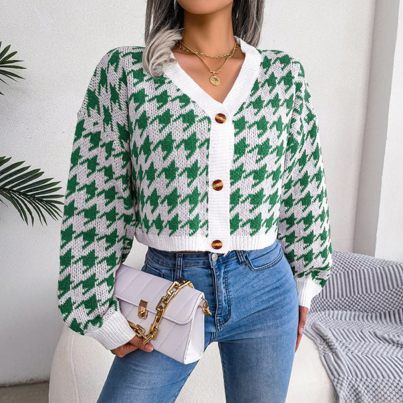 V-Neck Button Up Houndstooth Short Cardigan