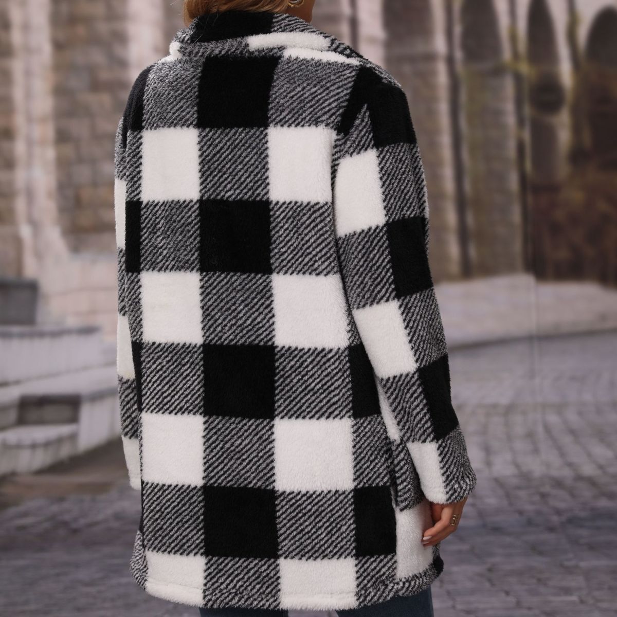 Black and White Plaid Zippered Fleece Jacket