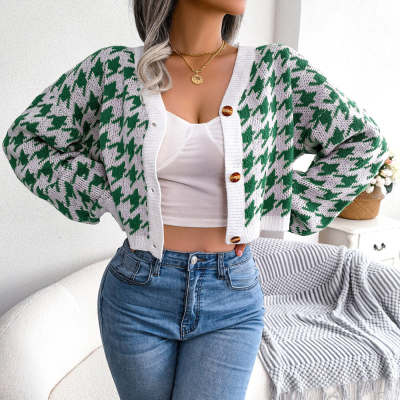 V-Neck Button Up Houndstooth Short Cardigan
