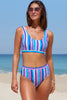 Striped Print U Neck Mid Waist Bikini Swimsuit