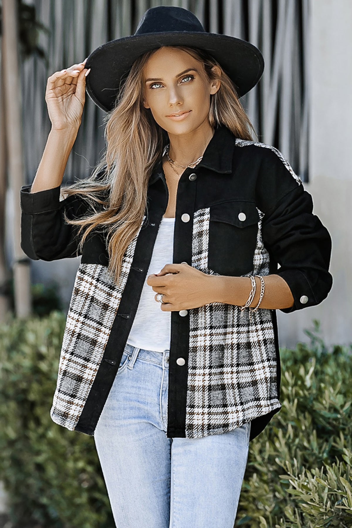 Black Christmas Pattern Plaid Splicing Denim Jacket