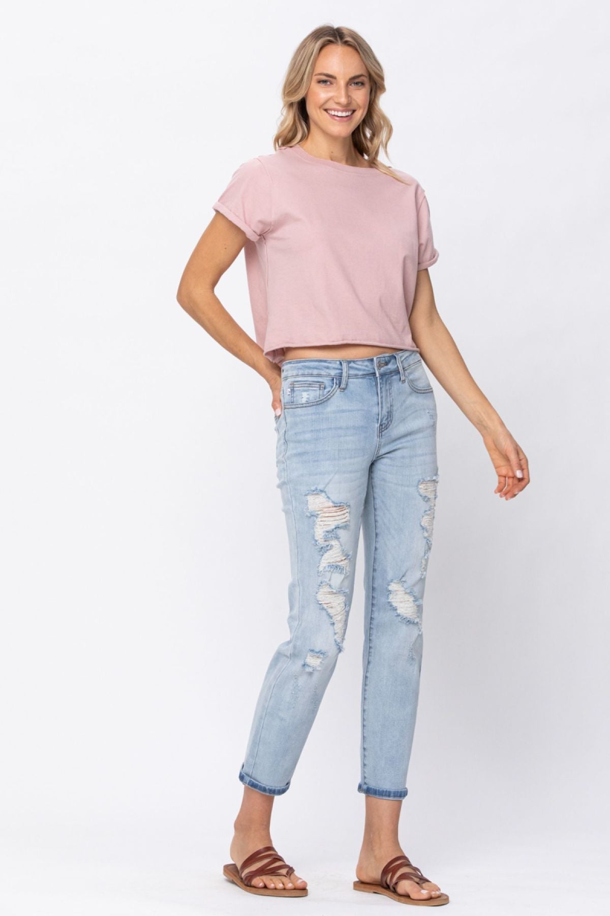 Judy Blue Full Size Destroyed Mid-Rise Boyfriend Jeans