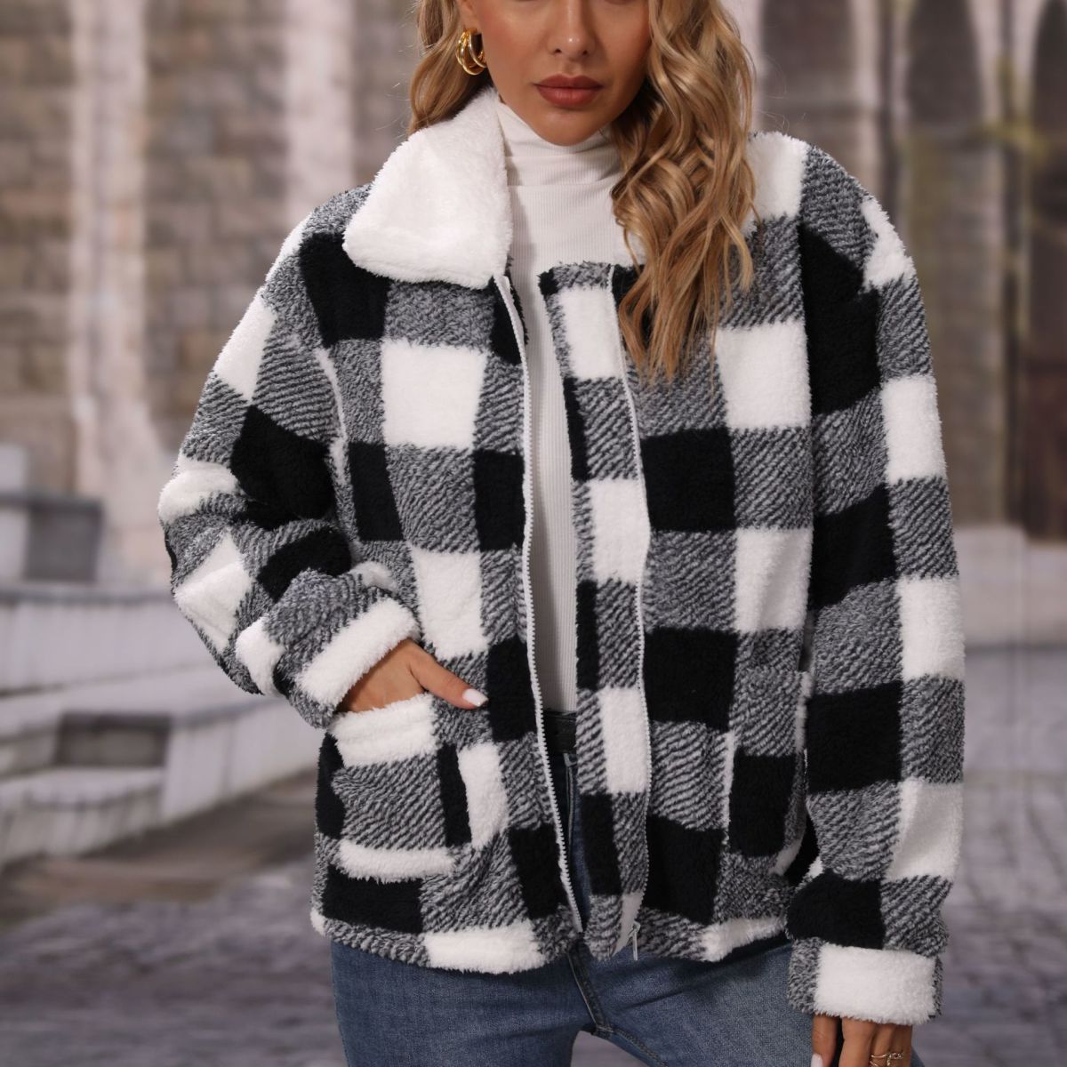 Collared Black and White Plaid Polar Fleece Jacket