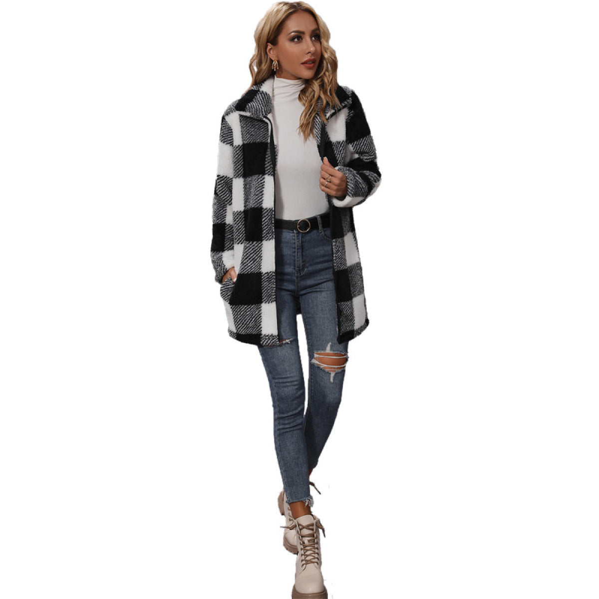 Black and White Plaid Zippered Fleece Jacket