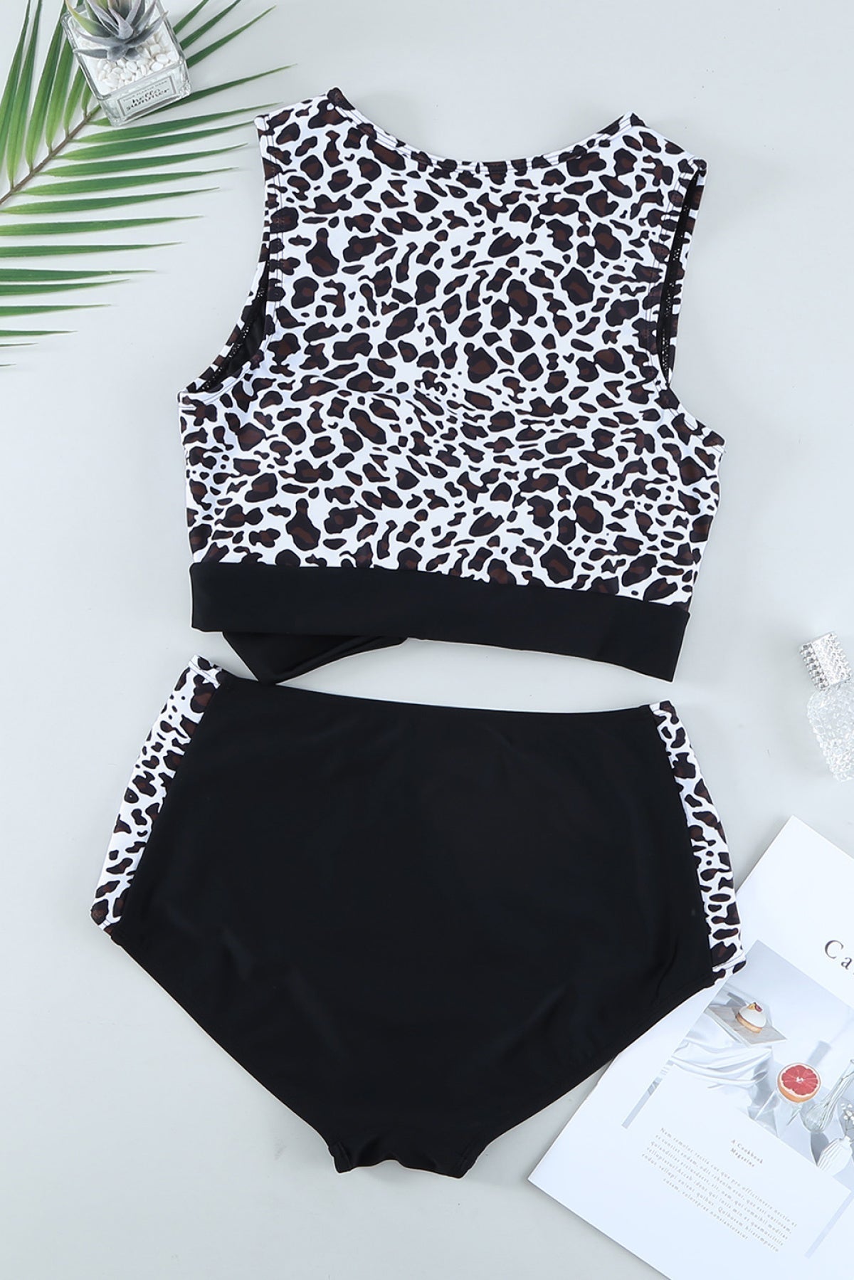 Leopard Patchwork Tie Knot High Waist Bikini Swimsuit