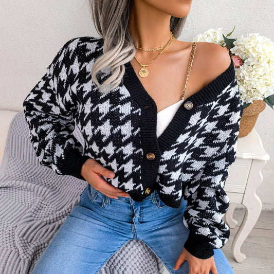 V-Neck Button Up Houndstooth Short Cardigan