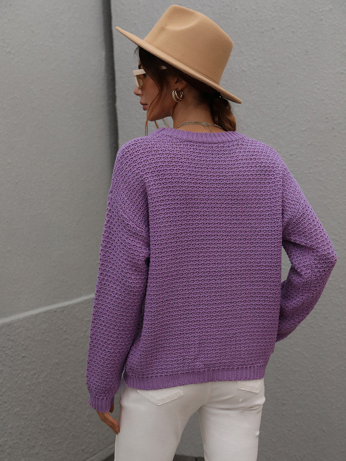 purple crocheted sweater