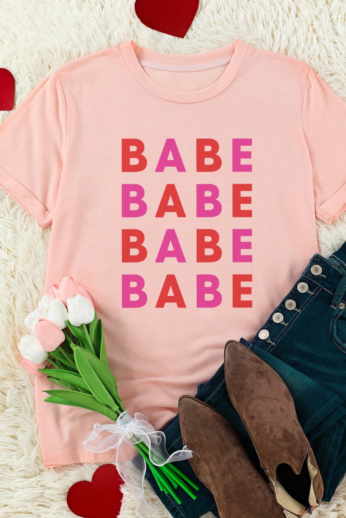 Pink BABE Letter Print Valentines Fashion T Shirt