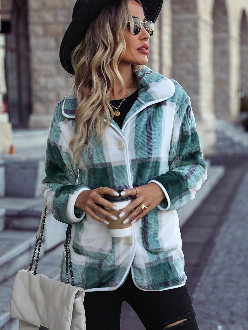 Collared Plaid Button Up Fleece Jacket
