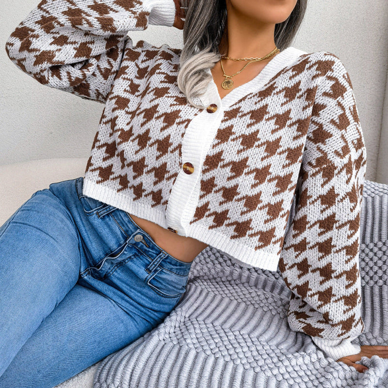 V-Neck Button Up Houndstooth Short Cardigan