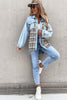 Sky Blue Plaid Patchwork Raw Hem Denim Jacket