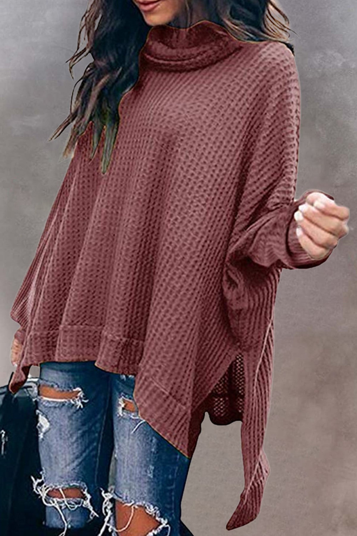 Turtleneck Waffle Knit Poncho Blouse