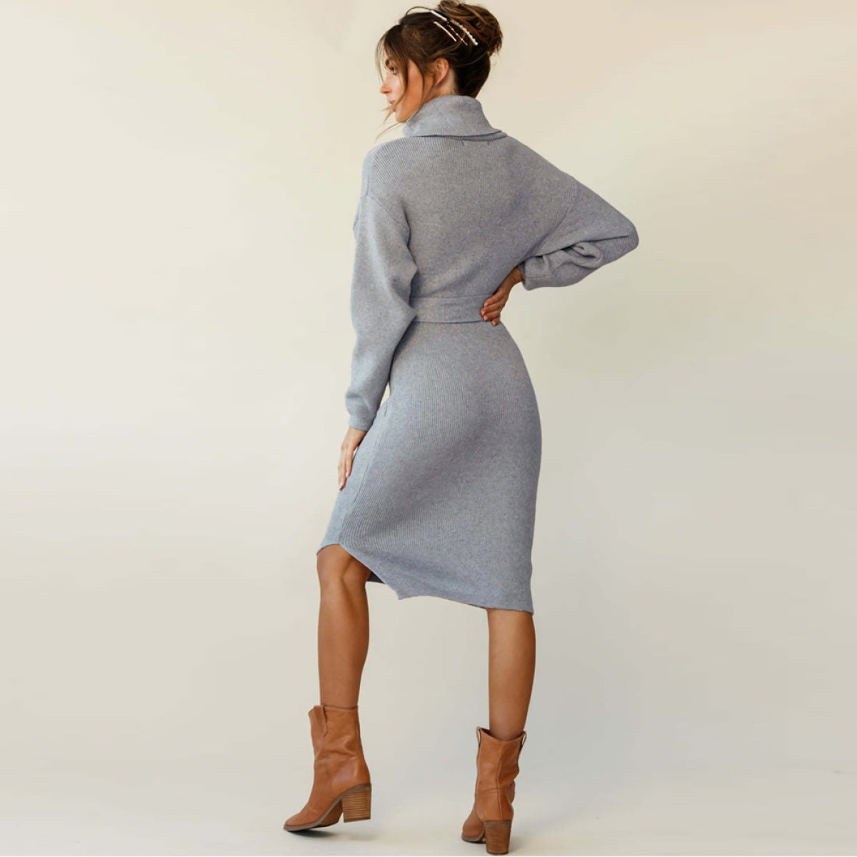 Solid Color Turtleneck Belted Sweater Dress