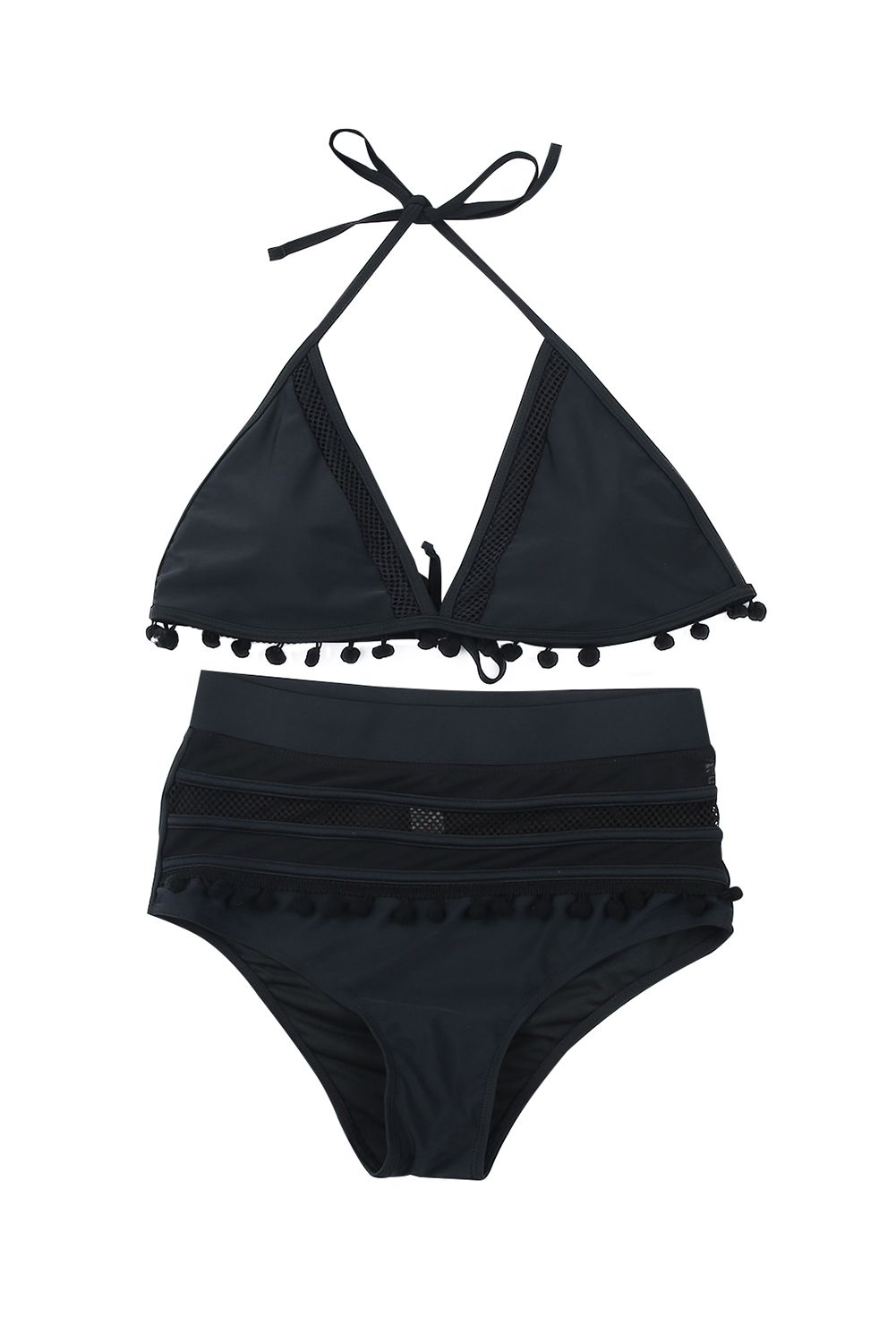 Black Pom Pom Mesh Insert High Waisted Swimsuit