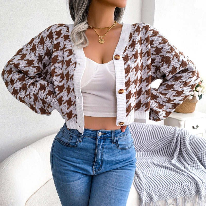 V-Neck Button Up Houndstooth Short Cardigan