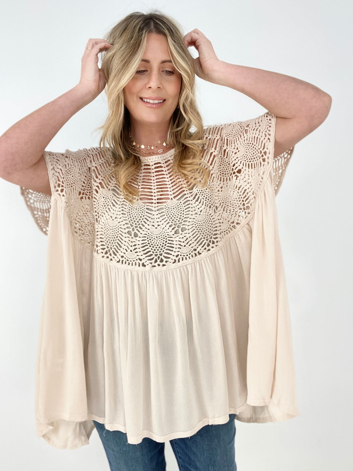 Ivory Oli & Hali Mineral Washed Crochet Detail Lace Top 