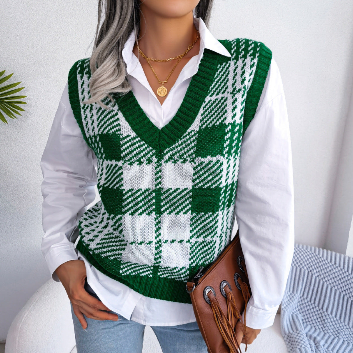 plaid knit sweater vest 