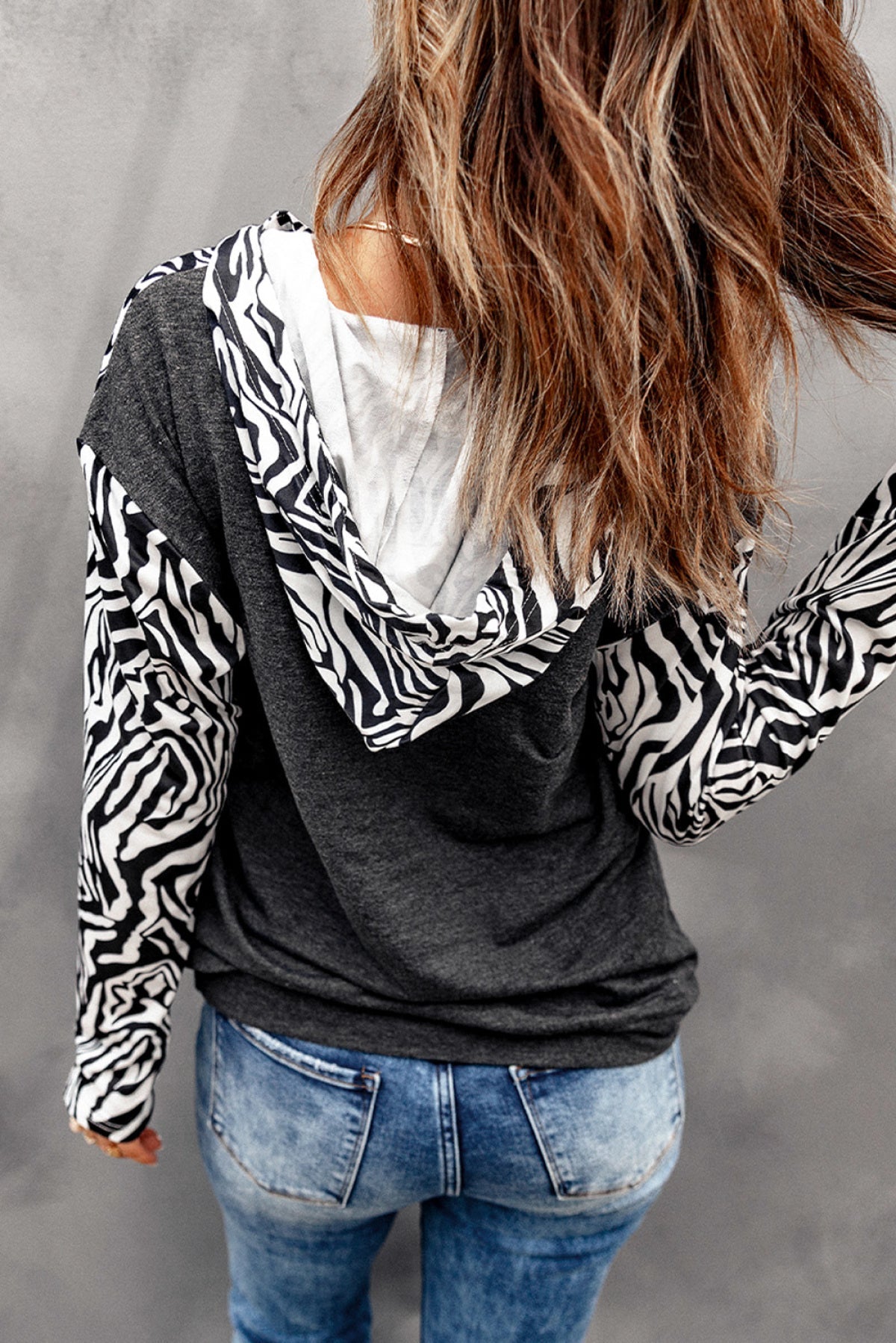 Zebra Print Patchwork Hoodie With Kangaroo Pocket