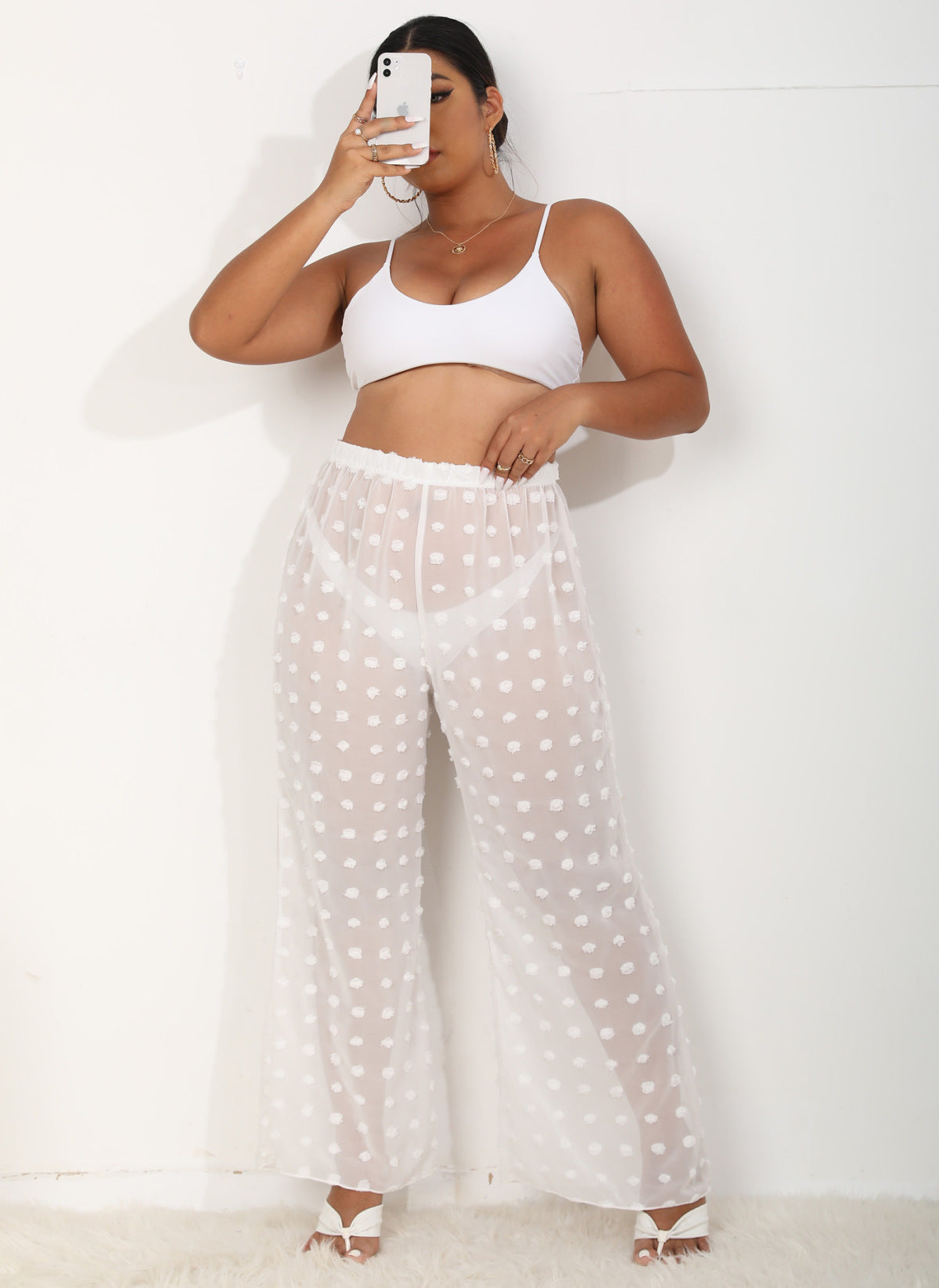 White Sheer Polka Dot Wide Pants