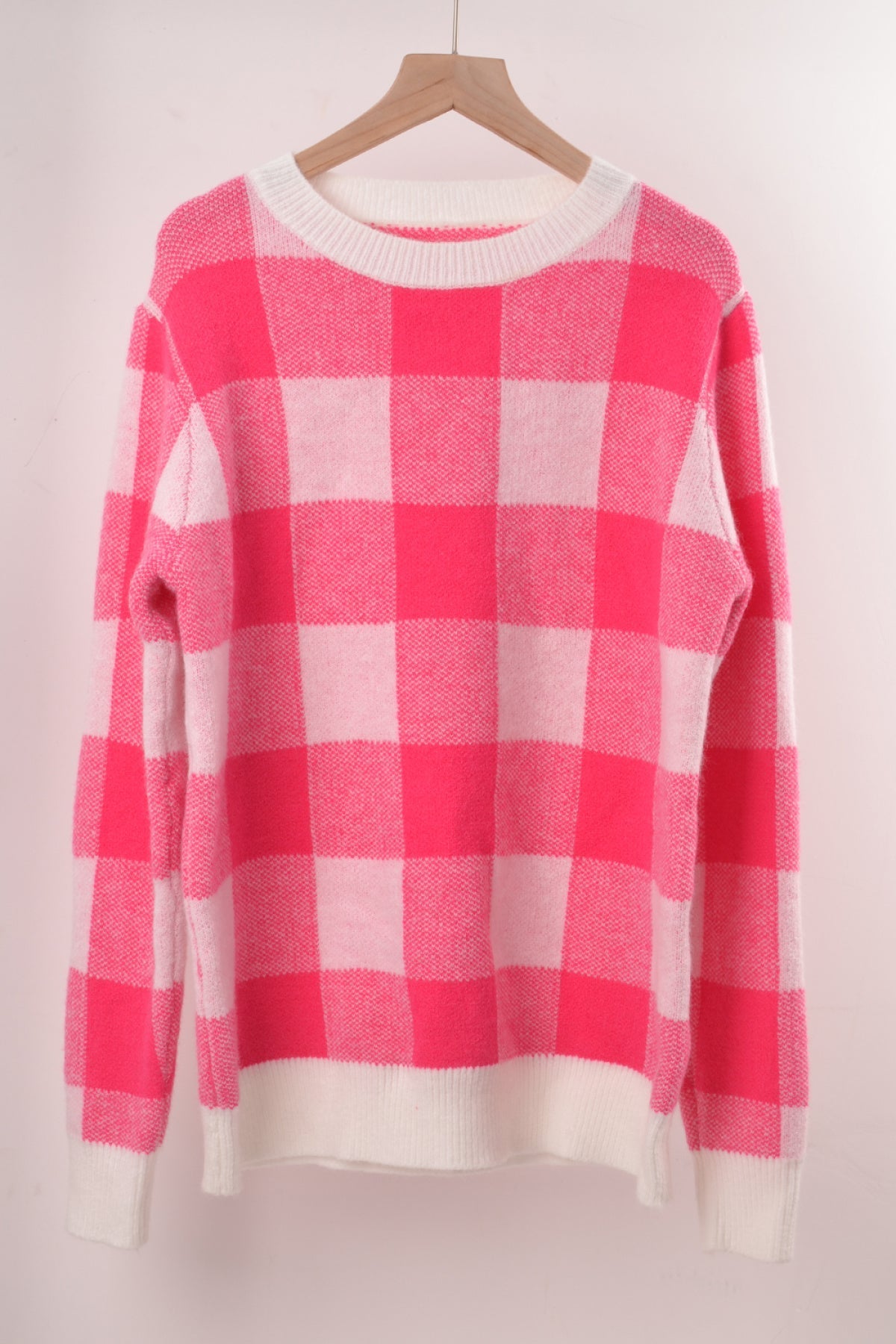 Crew Neck Long Sleeve Plaid Knit Sweater