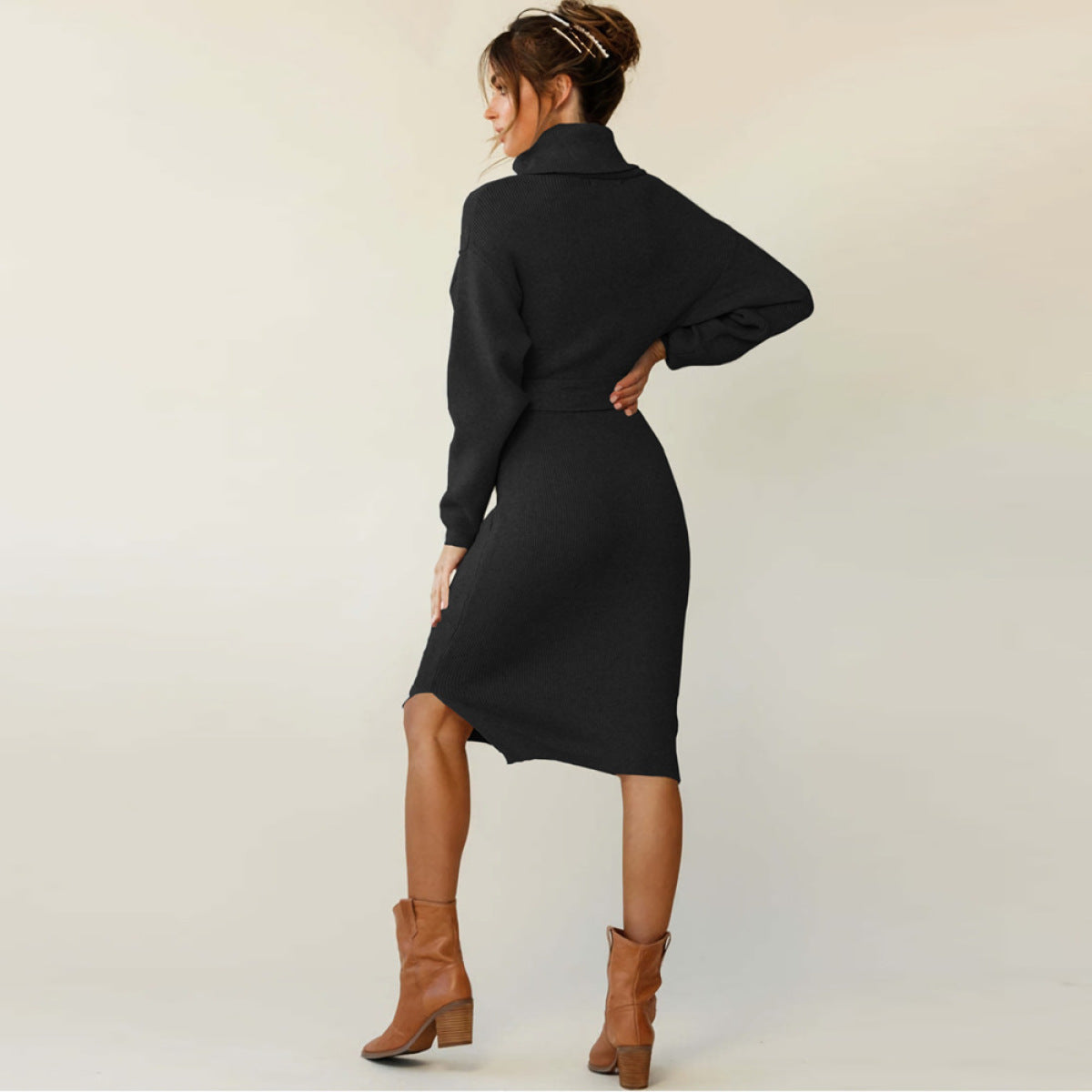 Solid Color Turtleneck Belted Sweater Dress