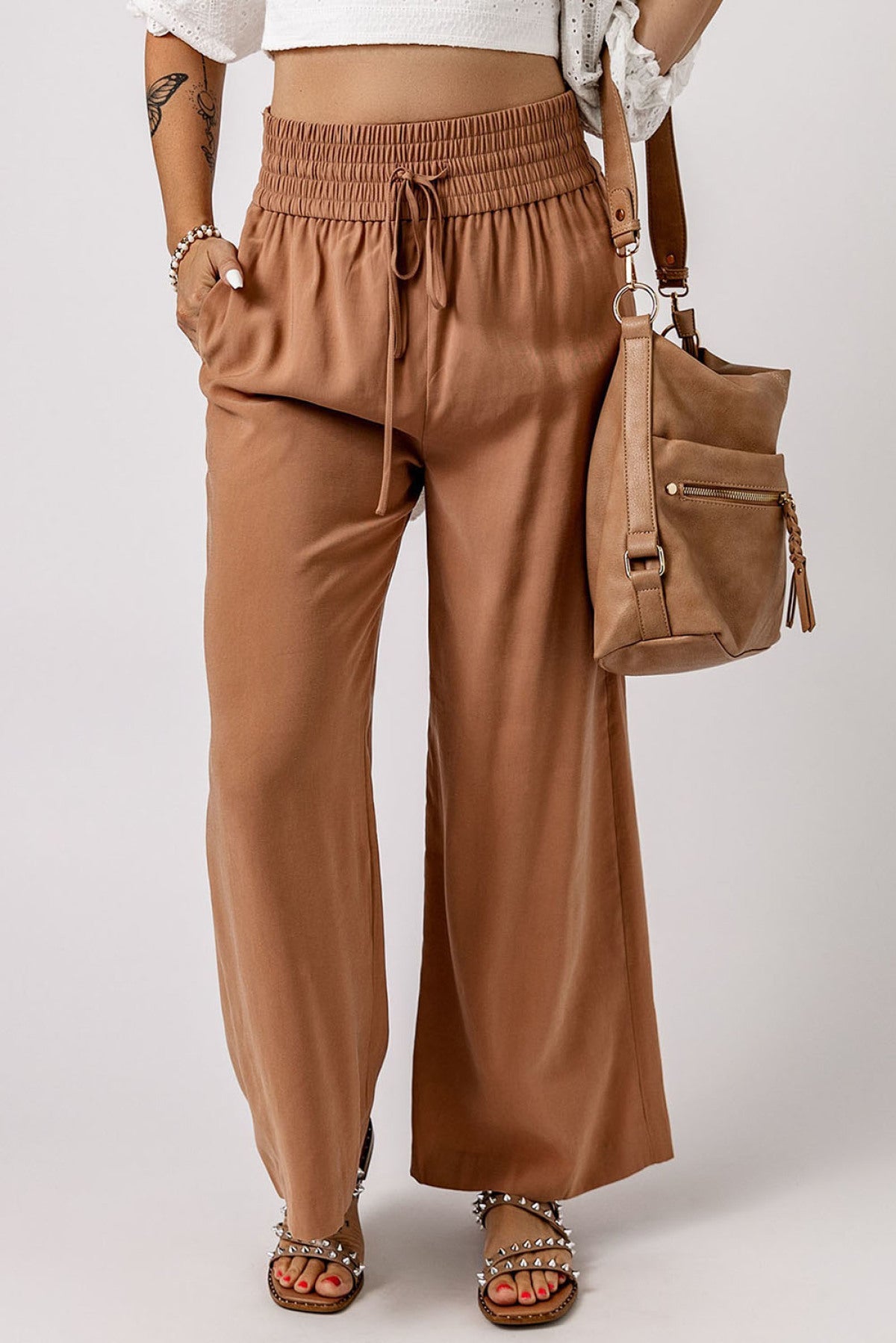 Brown Drawstring Elastic Waist Casual Wide Leg Pants