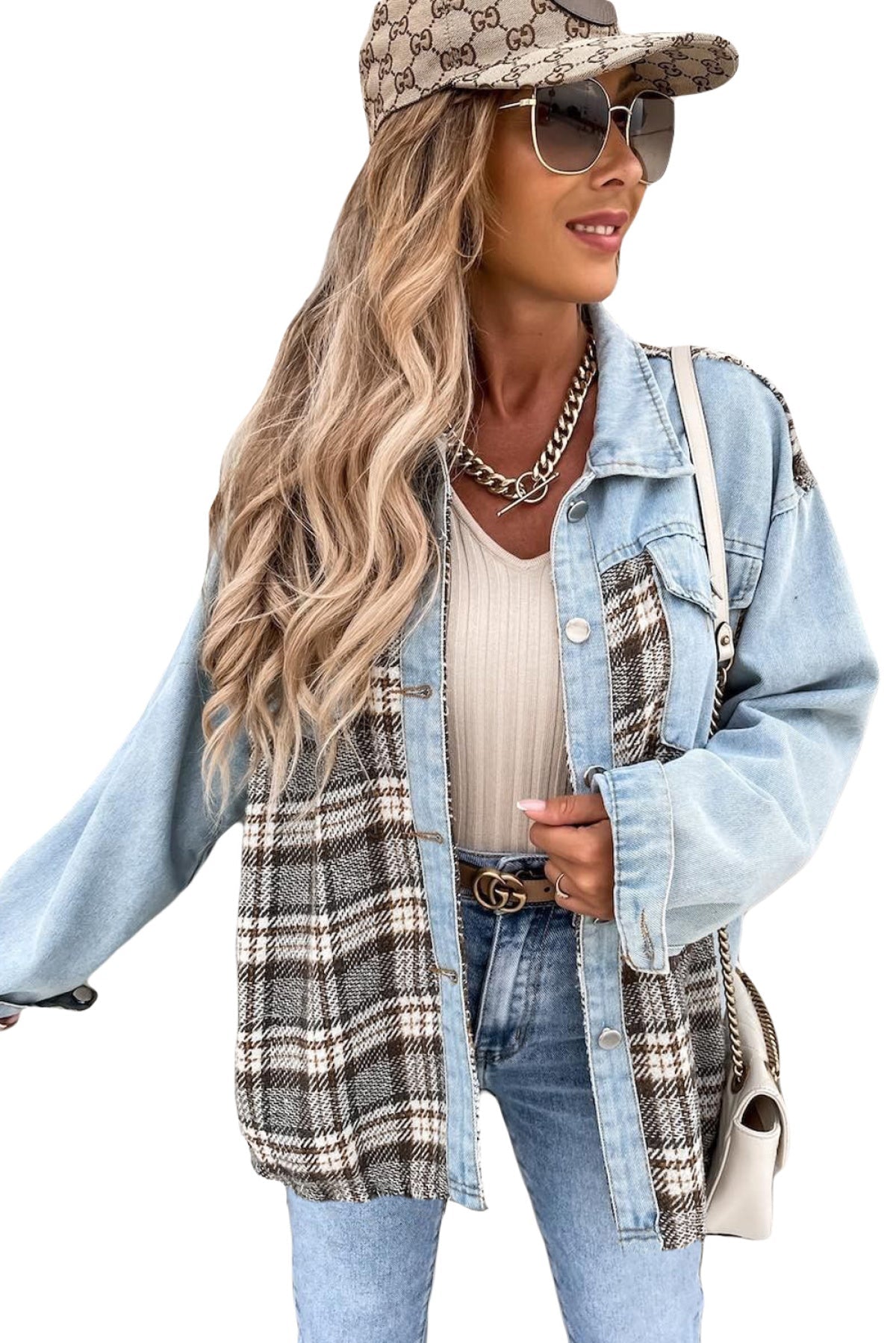 Sky Blue Plaid Patchwork Raw Hem Denim Jacket