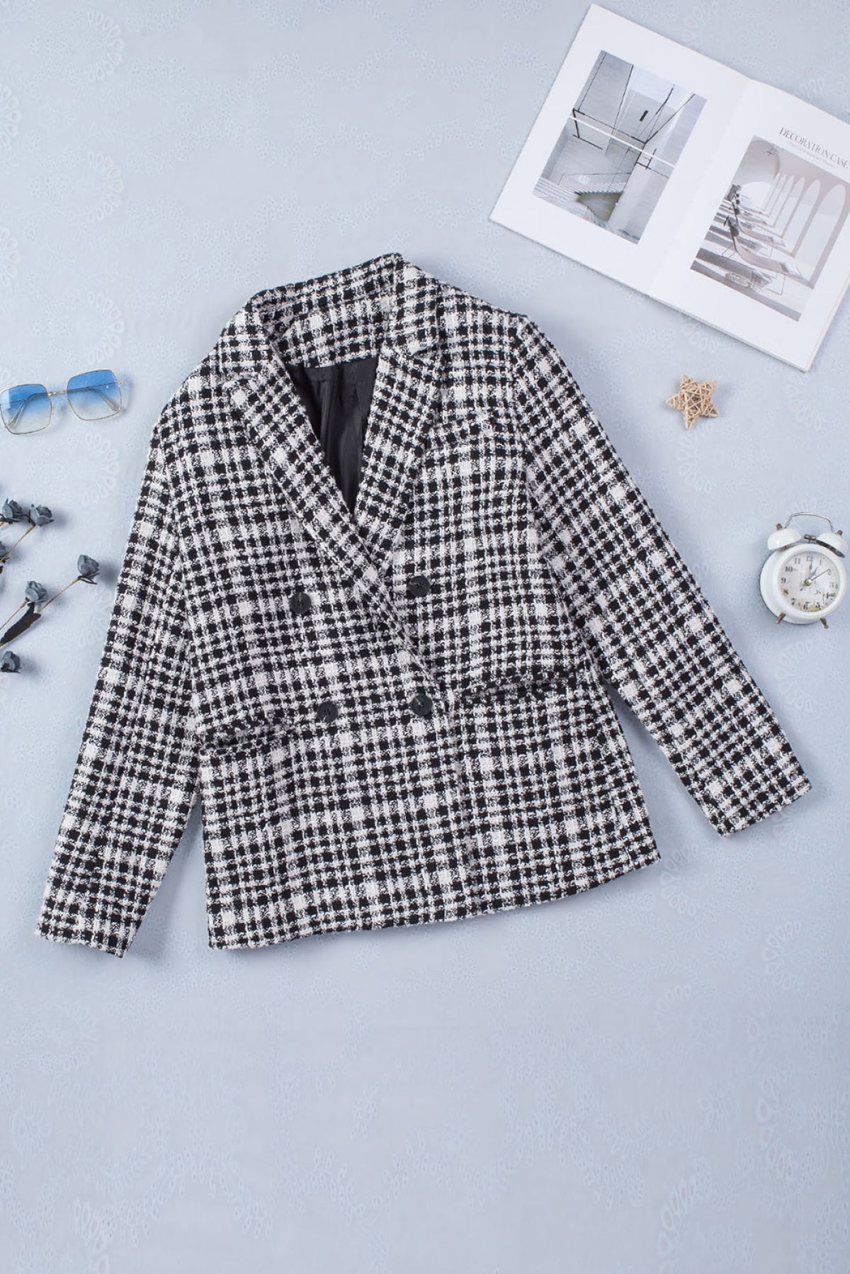 Black White Lapel Collar Buttoned Gingham Tweed Blazer