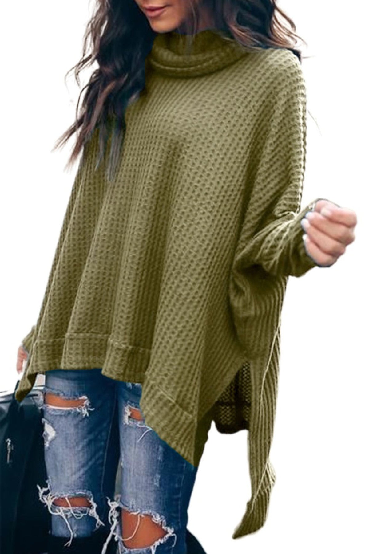 Turtleneck Waffle Knit Poncho Blouse