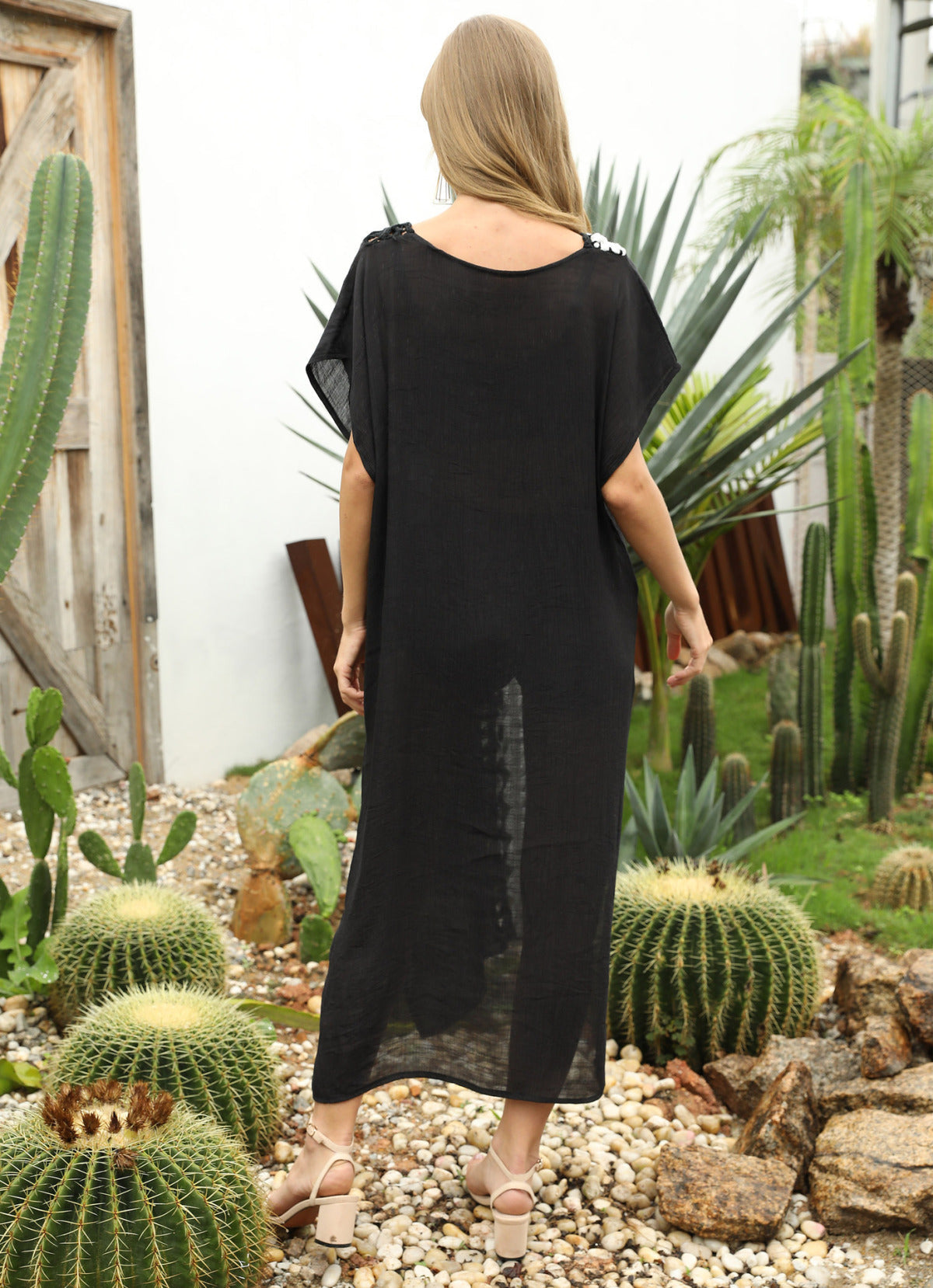 Black Sheer Deep V Slit Solid Beach Cover-Up