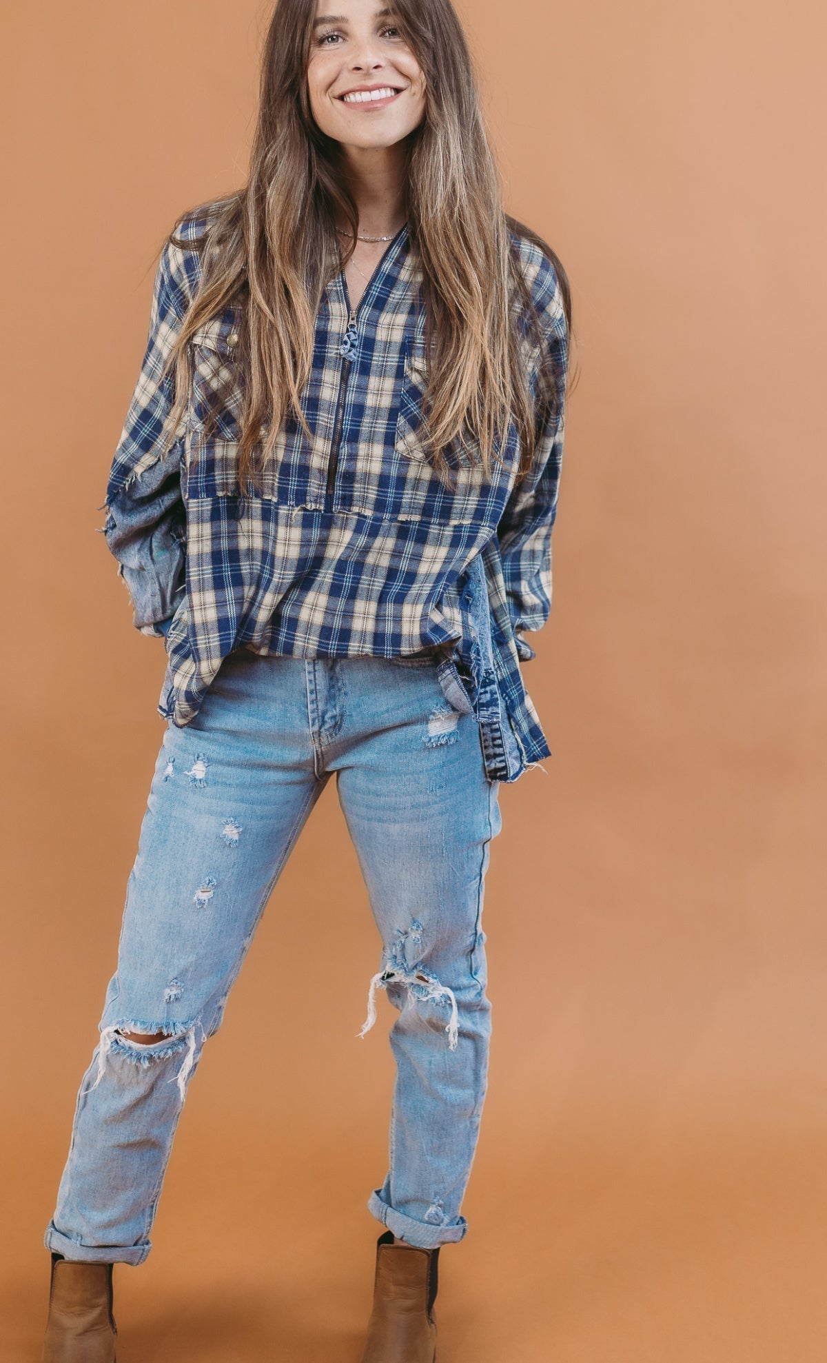 Heyson Comfy Half Zip Plaid Chambray Mixed Pullover