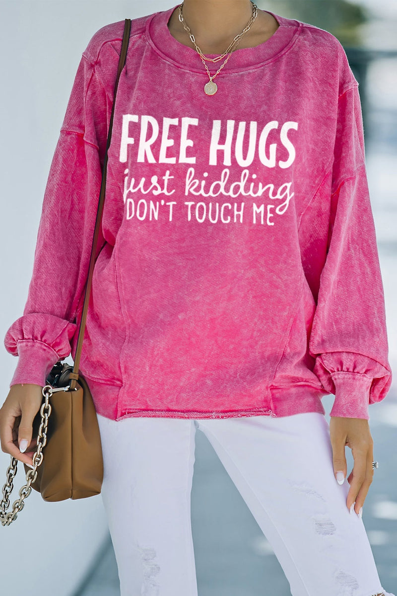 Rose Free Hugs Joking Print Mineral Wash Sweatshirt