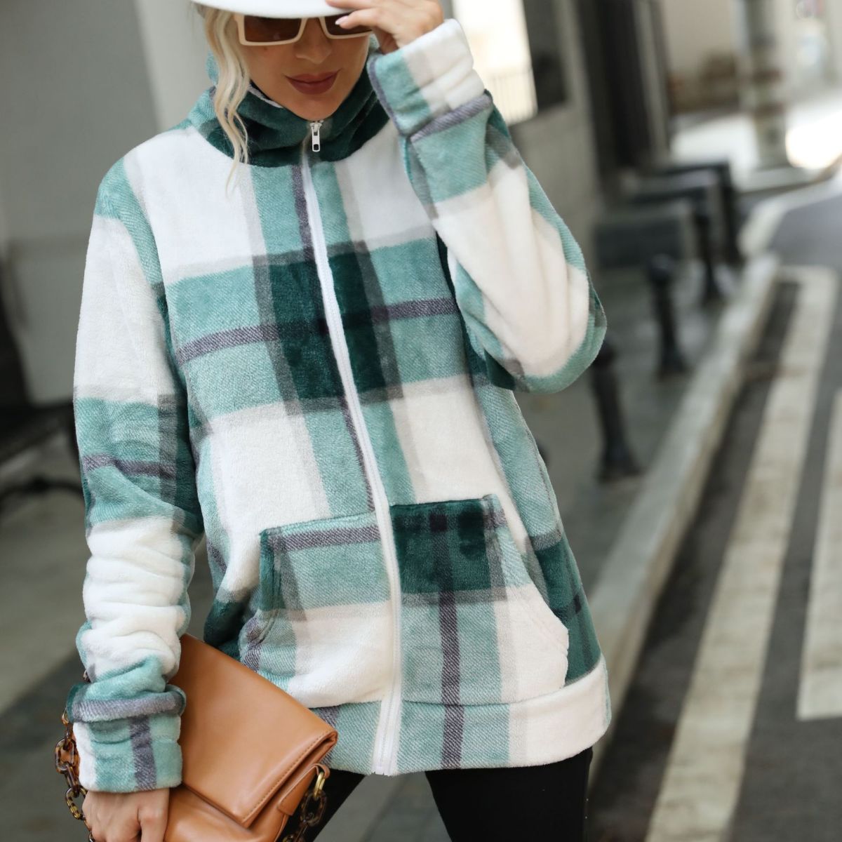 Zipper Front Plaid Print Jacket