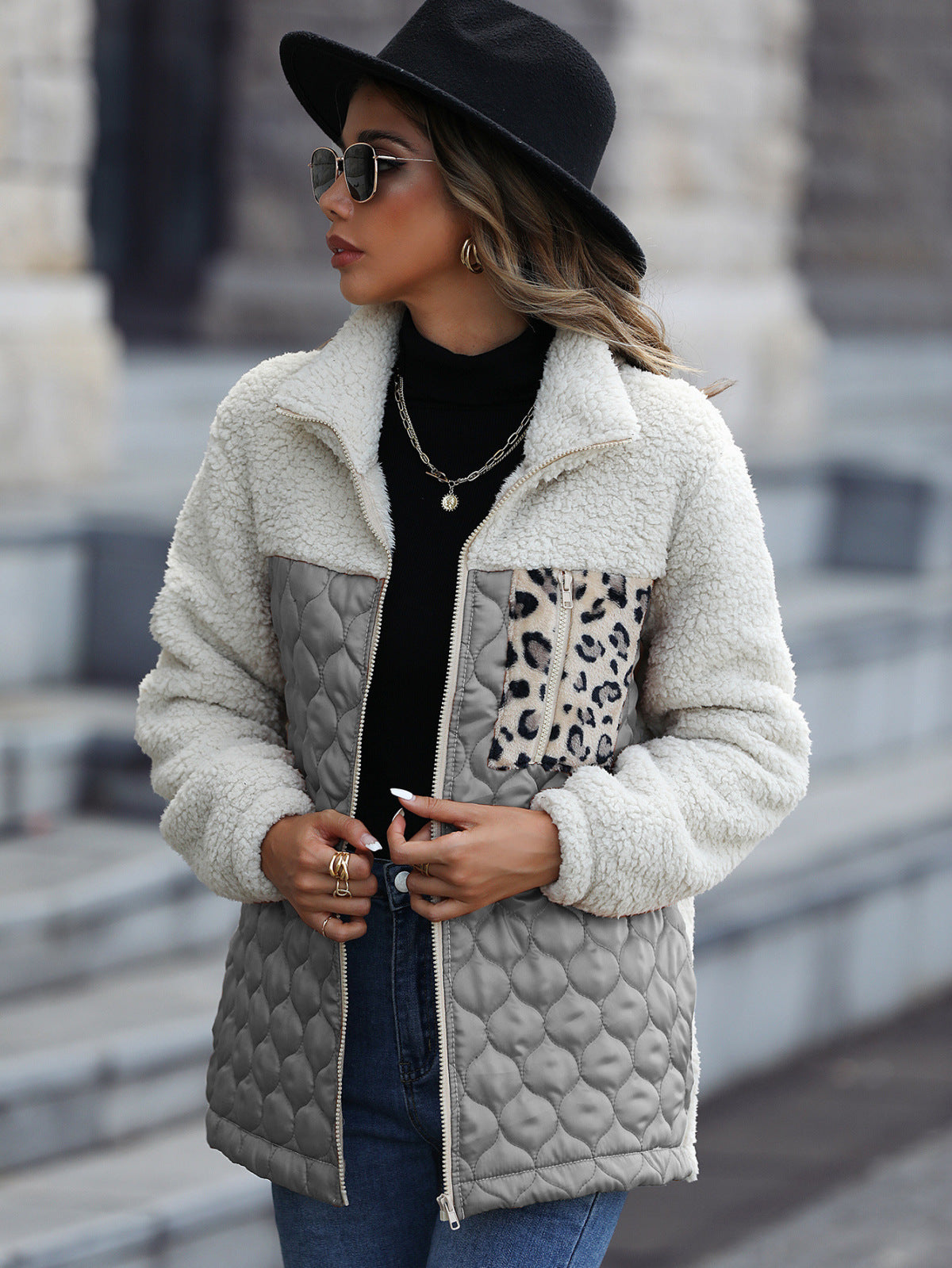 Zipper Up Colorblock Leopard Jacket