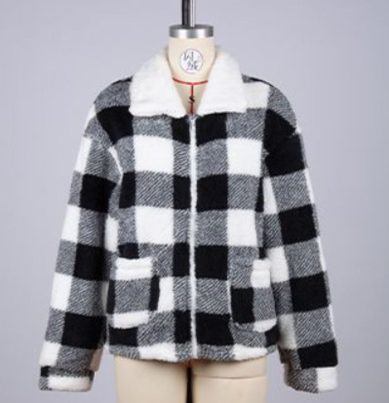Collared Black and White Plaid Polar Fleece Jacket