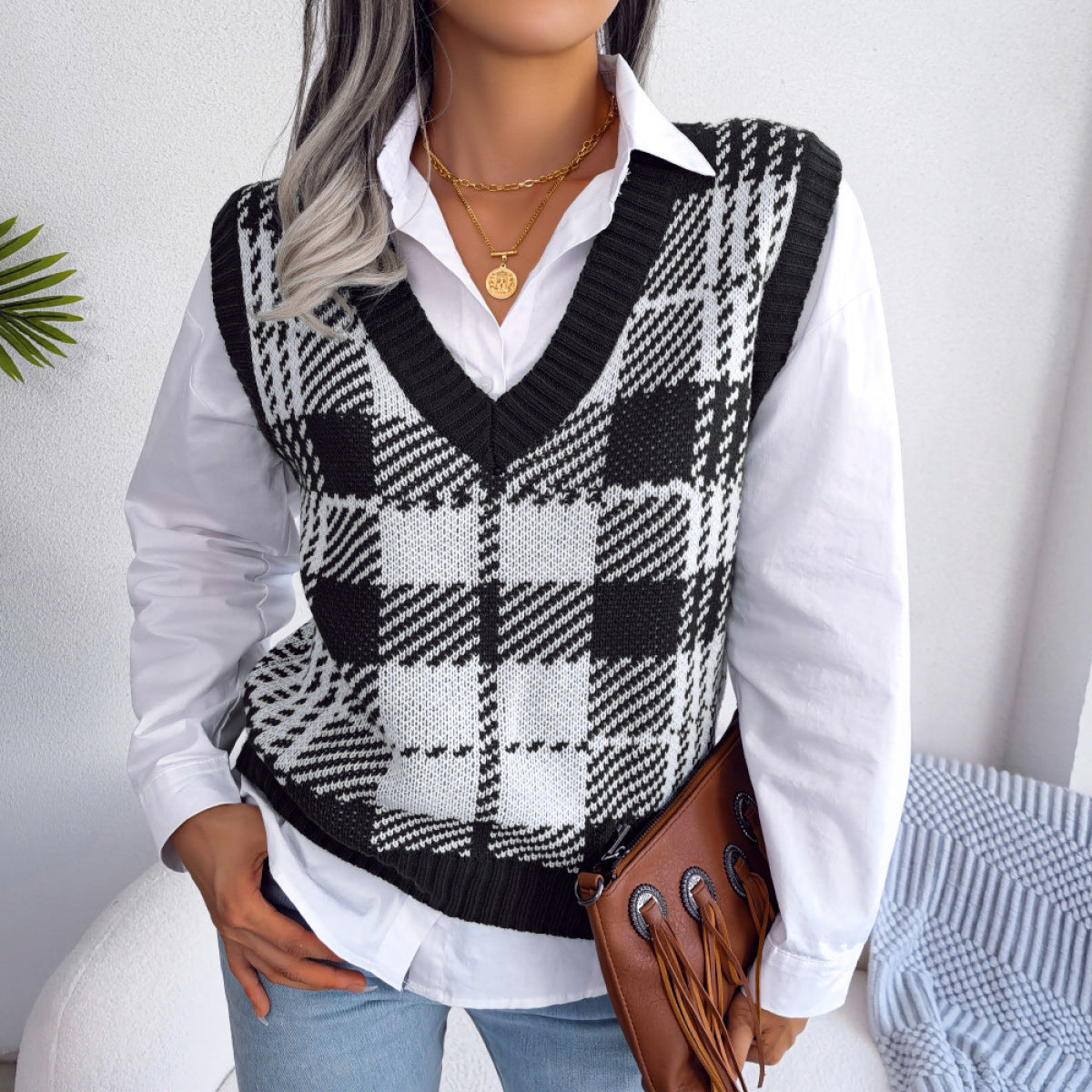 black white plaid vest 