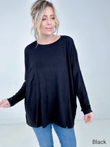 Black Zenana Luxe Rayon Oversized Round Neck Front Pocket Top