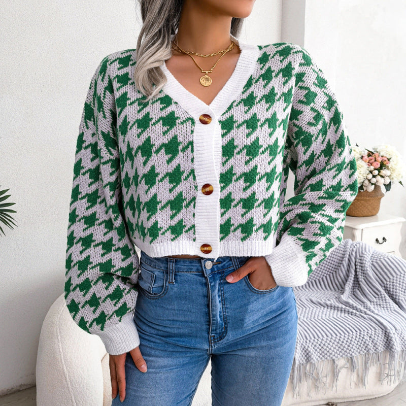 V-Neck Button Up Houndstooth Short Cardigan