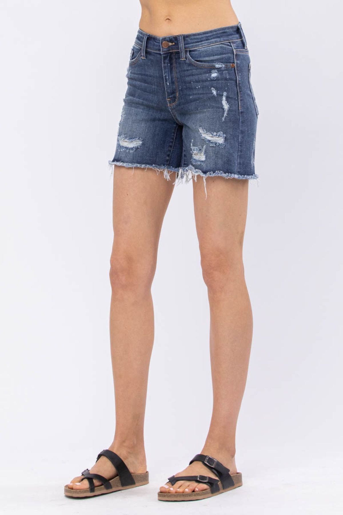 Judy Blue Mid-Rise Bleach Splash Destroyed Raw Hem Denim Shorts