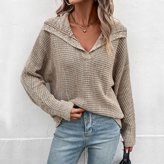 Khaki Collared Neck Long Sleeve Sweater